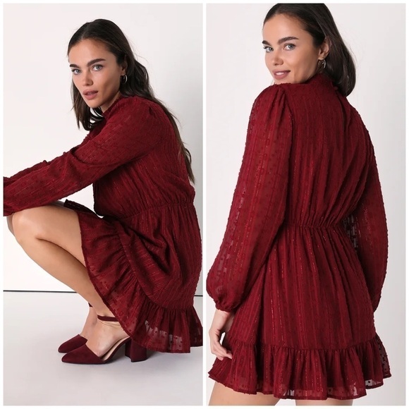 Lulu’s Cheerful Charmer Wine Red Lurex Long Sleeve Mini Dress - Picture 2 of 13